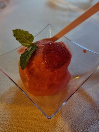 sorbetto ai lamponi di montagna con lampone fresco e foglia di menta fresca