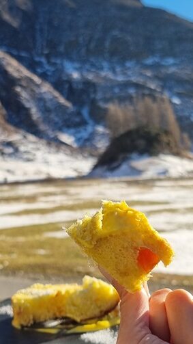 Pezzo di panettone tra le dita di una mano con mele candite e montagne come sfondo